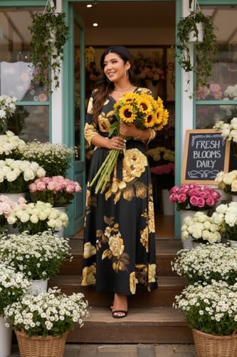 Image of Runwind Plus Size Dress for Women - 3 /4 Sleeve V Neck Maxi Dresses for Women (XL-6XL)