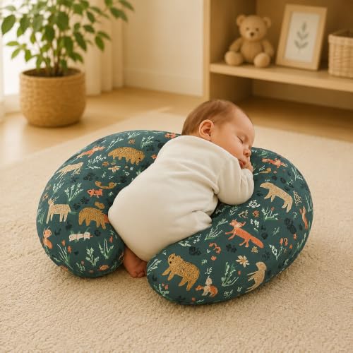 Image of ๐๐ข๐ฆ๐ ๐๐ฅ Nursing Pillow for Breastfeeding Newborn Baby | C-Shape Feeding Pillow with Removable Cotton Cover | Tummy Time, Propping & Sitting Support | Baby Feeding Pillow for Mother (Green Bhalu)