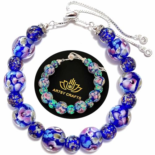 ARTSY Crafts Lily Garden Glow in the Dark Firefly Bead Bracelets Necklaces Handmade in USA Murano Glass Jewelry Flower Luminous Beads Mermaid Crystal Bracelet Bangle (Sapphire - Slider Bracelet)