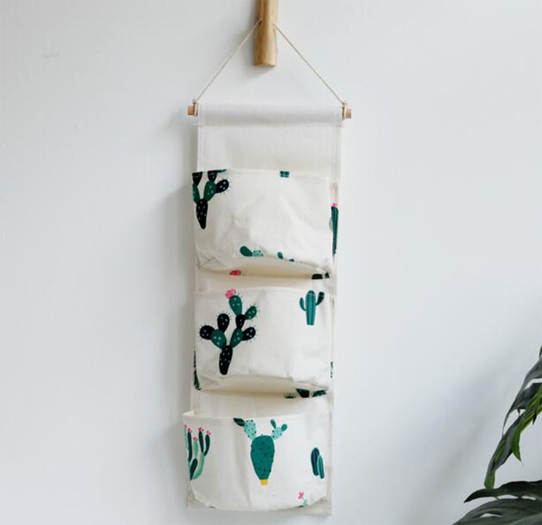 Ricye Wand Tür Zum Aufhängen von Kleidung Aufbewahrungstasche Baumwolle Stoff 3 Taschen Über der Tür Veranstalter Tasche, 2 Stück Nordisch Cactus