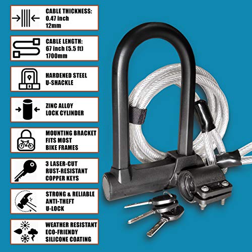 image for LewadUSA Bike U Lock with Extra Long 5.5-feet (12mm x1.7m) Bicycle Loc