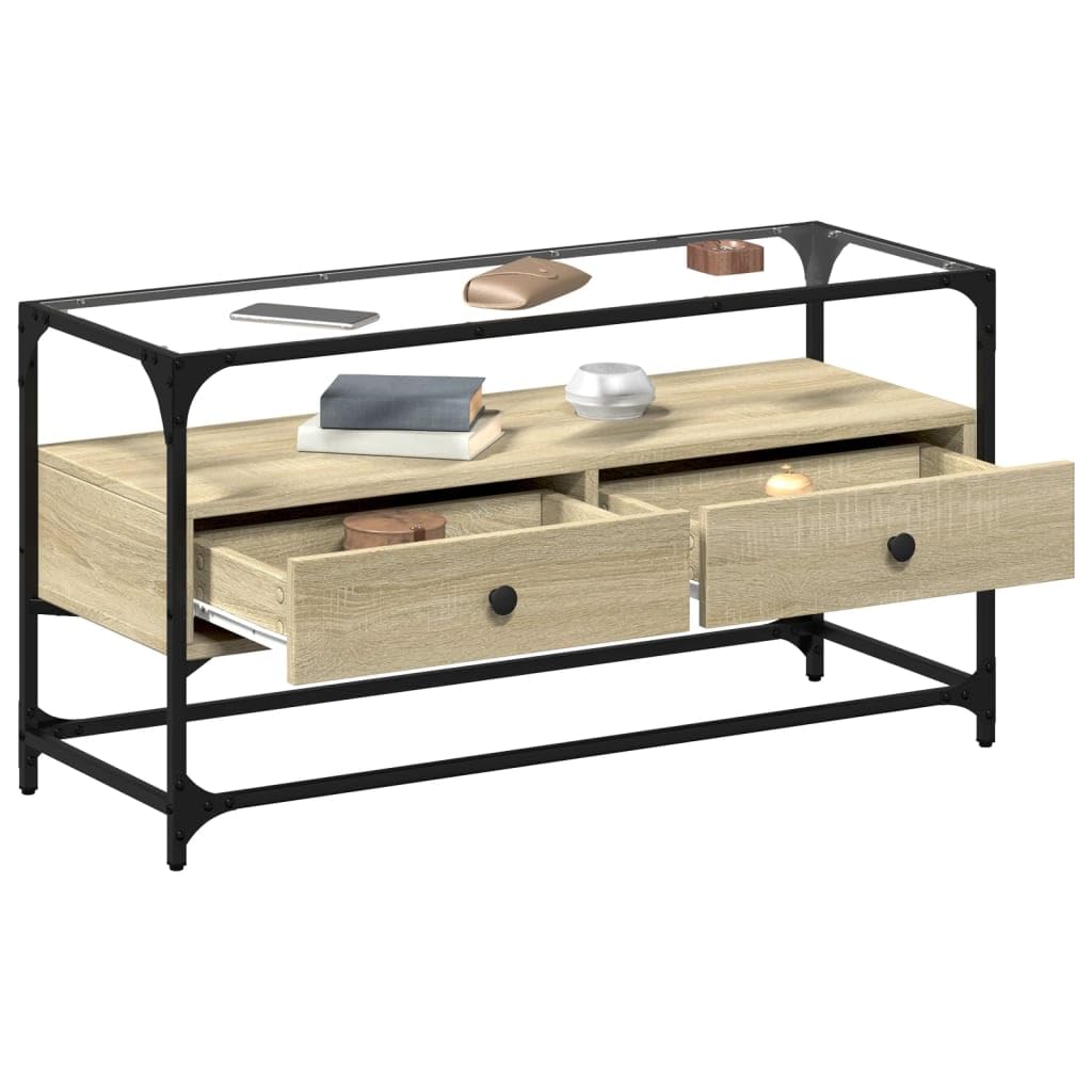 Mobile TV con ripiano in vetro, rovere Sonoma, 98 x 35 x 51 cm, in legno, con cassetti e spazio portaoggetti, moderna credenza per soggiorno, salvaspazio, con ripiano e ripiano