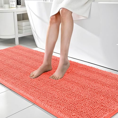 Image of OLANLY Thick Bathroom Runner Rugs 70x24, Absorbent Chenille Striped Bath Rugs, Rubber Backing, Machine Wash Dry, Extra Long Bath Mats for Bathroom Floor, Tub and Shower, Home Decor Accessories, Coral