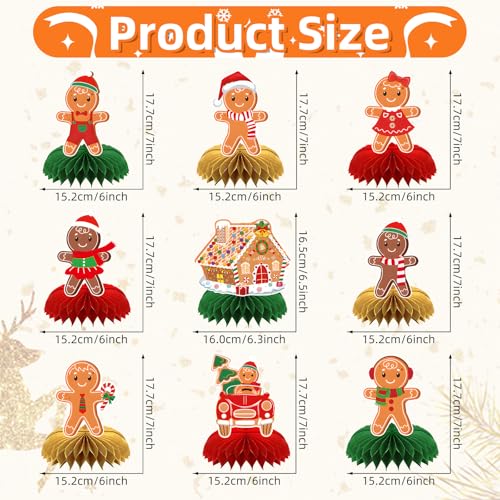 Image of 9 Pieces Christmas Gingerbread Honeycomb Centerpieces - Holiday Table Decorations with Gingerbread Man, Gingerbread House, and Festive Car for Xmas Party, Winter Celebrations, and Holiday Gatherings