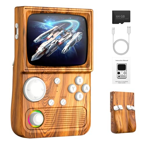 R36T Retro Handheld Game Console, 3.5 Inch Video Game Console with 3500mAh Battery, Retro Gaming Console Supports WiFi Download Multiple Emulators and Network Battling (Wood Grain Brown)