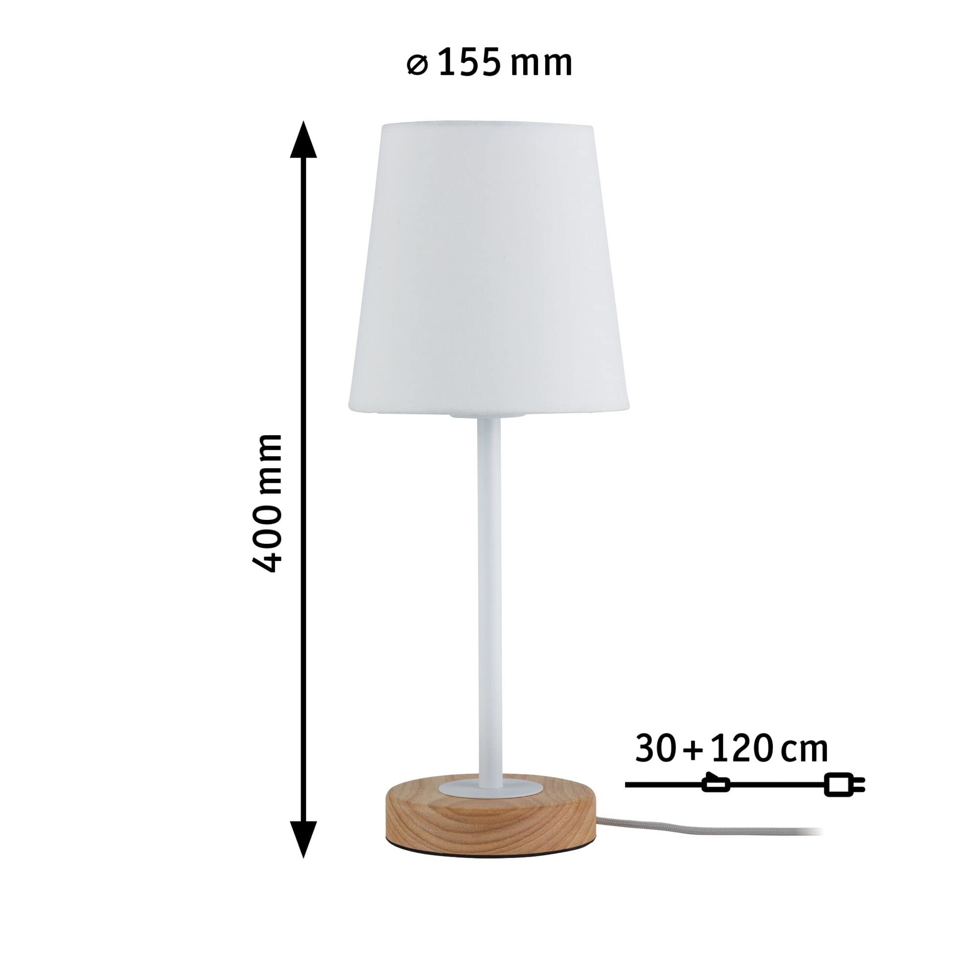 Paulmann 79636 Luminaria de sobremesa Neordic Stellan máx. 1x20 W, luminaria de sobremesa para lámparas E27, lámpara para mesita de noche, blanco/madera 230 V tela/metal/madera, sin fuente de luz