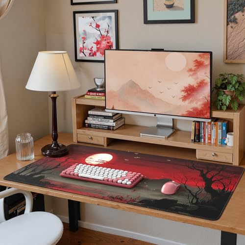 Image of iCasso Desk Protector Mat, Large Japanese Mouse Pad, Stable Rubber Base Mousepad with Stitched Edges, Keyboard Mouse Mat Desk Pad for Work, Game, Office, Home(Full Moon)