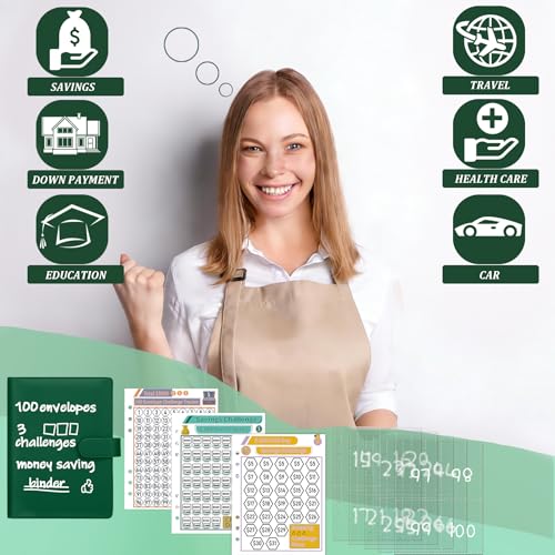 Image of Antner 100 Envelopes Money Saving Challenge Binder, Savings Challenges Book with Envelopes & 3 Challenge Trackers to Save $5,050 and $500 and $10,000, A5 Budget Binder Money Saving Book, Dark Green