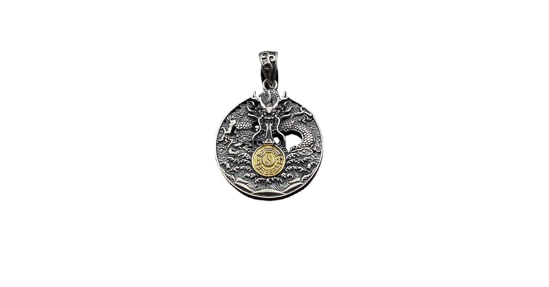 Amazon.com: 1Pcs 男款龙纹水波纹银饰圆牌吊坠福运祥龙可定S925
