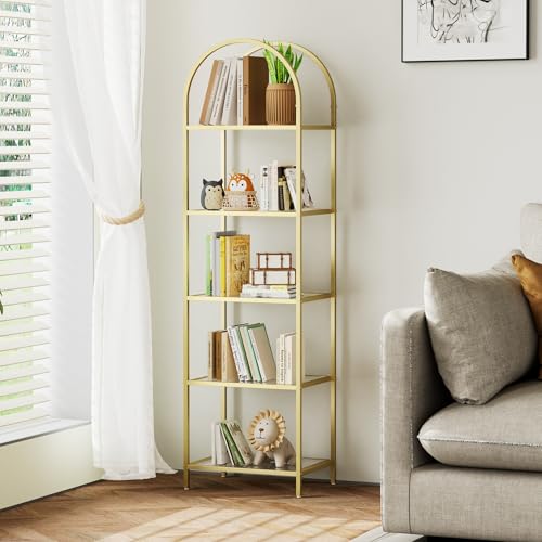 Homhedy Bookshelf Arched Display Racks,Metal Bookcase,Tempered Glass Shelves,Storage Rack Shelf for Home Office,Living Room,Bedroom, Bathroom,Modern Style (Golden, 11.8' D x 13.8' W x 57.1' H)