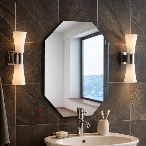 Image of Art Street Glass Frameless Octagon Wall Mirror 16 X 24 Inch, Unframed, Octagonal, Silver