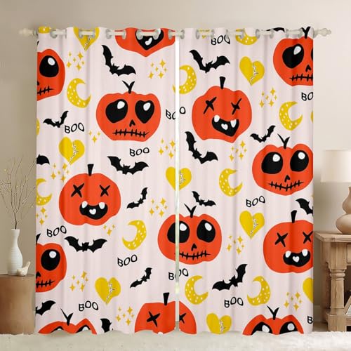 Happy Halloween Kids Decorations Curtains Cartoon Pumpkin Kawaii 30%-50% Blackout Window Curtains Bedroom Teens Halloween Funny Themed Window Drapes Treatments Pink Yellow Orange, 38W X 54L,2 Panels