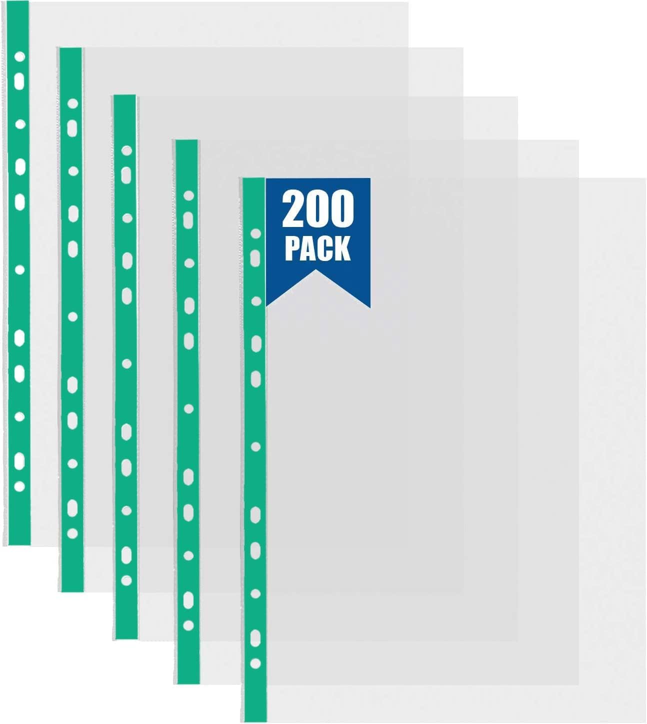 FWEEK 200 Pcs Punched Pockets A4 Clear 80 Micron Strong Plastic Wallet Sleeves, Top Opening Poly Pockets for Ring Binder Folders, Green Edge