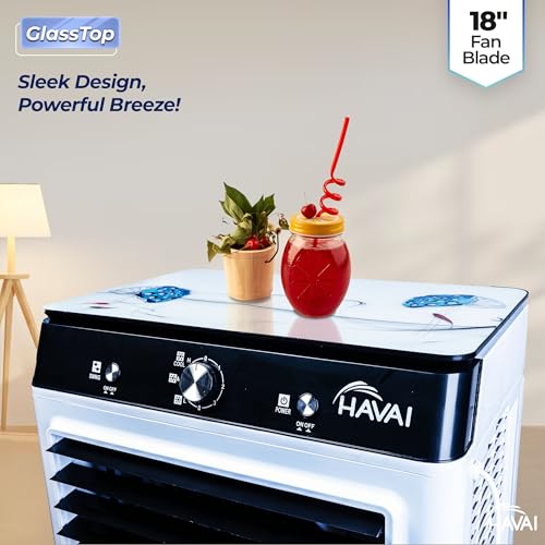Image of HAVAI Premium Glass Top GT 18 Air Cooler | 90L Tank Capacity | 18 inch Fan Blade | 250W Power | 75ft Air Throw | 3-Side Honeycomb Cooling | Sleek Glass Top Design | 4 Castor Wheels