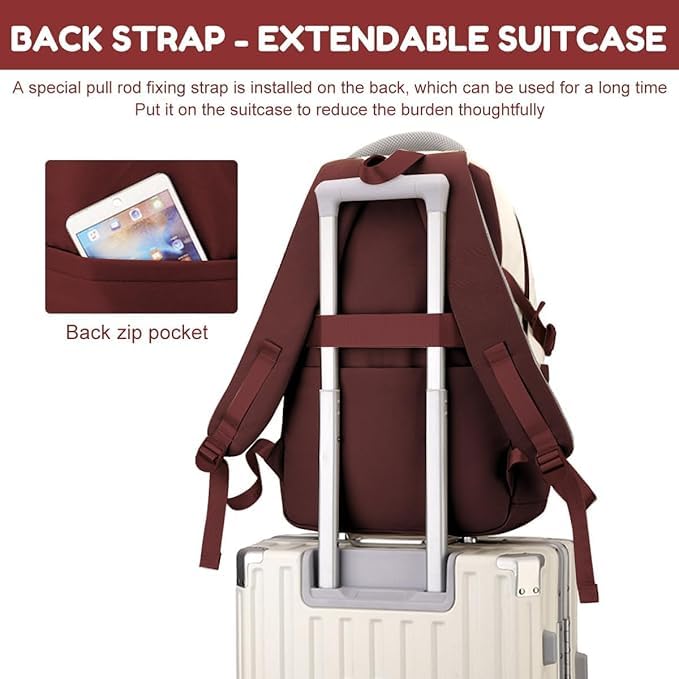 Image of Backpack Bag for Women with Matching Zipper Pouch, 18.1 Inch College Laptop Backpack, Multi-Compartment Bookbag for School, Office, Travel, Camping & Everyday Carry, White & Maroon