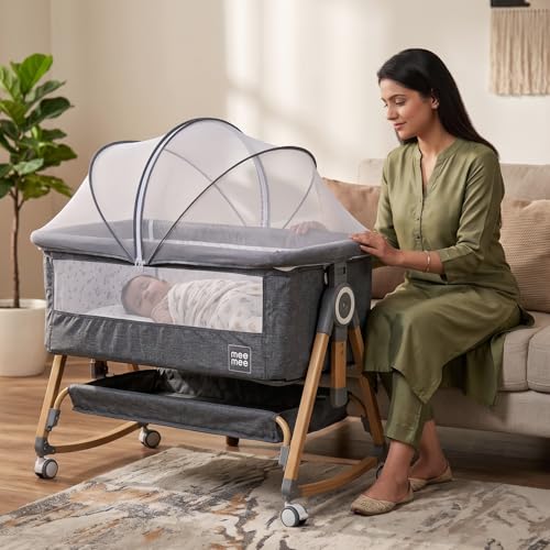 Image of Mee Mee Regal Sway Cradle for New Born Baby and Swing Anti Sleep Tilt Mode /Ultra-Light Cradle with Patented Rocking & Mosquito Net, Detachable 360 Swivel Wheels (Brown Grey)