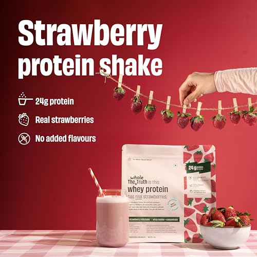 Image of The Whole Truth Whey Protein Isolate+Concentrate | Strawberry Shake 500g (1.1 lbs) | 24g Protein per scoop | 5.6g BCAA | 100% Authentic Whey | Real Strawberries | No Artificial Flavours