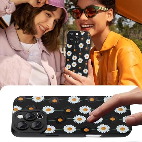 Image of Designed for iPhone 16 Pro Case, Cute Daisy Flower Floral Pattern Design, Slim Soft TPU Liquid Silicone Protective Cover for Women Girls - Black