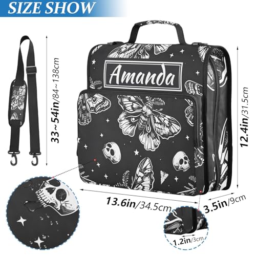 Image of Custom 3 Ring Zipper Binder Skull Moon Moth Black Skeleton Personalized Name 1.5 inch Binders Large Capacity Multi Pockets for School Office Supplies