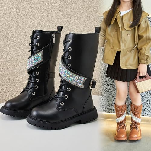 Kid's Girls Fashion Waterproof Side Zipper Mid Calf Combat Riding Boots Girl's Dress Princess Shoes Knee High Winter Boots2