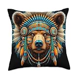 Native Indian Bear Native American Indian Feathers Throw Pillow