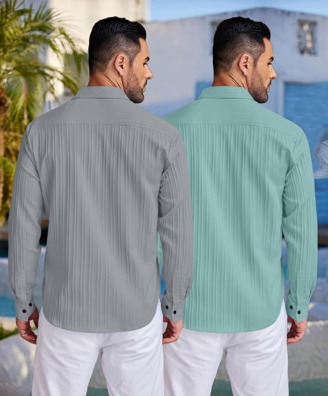 Image of FINIVO FASHION Men's Cotton Blend Shirt Set Lightweight, Full Sleeves, Plain Texture, Button Closure, Summer Ready (Pack of 2)