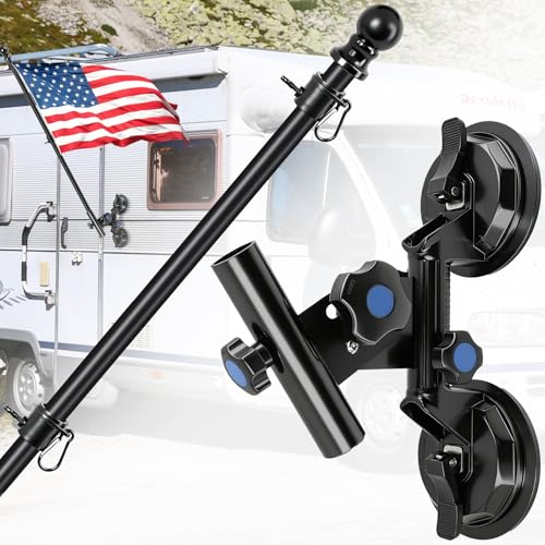 Suction Cup Flag Holder with Flag Pole for RV RV Flagpole Mount Kit with Angle Adjustable Quick Flag Pole Mount Kit for Holds Flags Heavy Duty Flagpole Holder for Camper Truck Trailer Boat Large