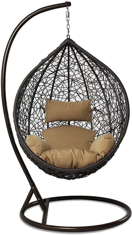 Image of Single Seater Swing Chair with Stand & Cushion Outdoor Indoor Balcony Garden Patio, Powder Coated Frame, UV-Protected Wicker, Premium Cushion, Swing Chair (Black-Coffee)