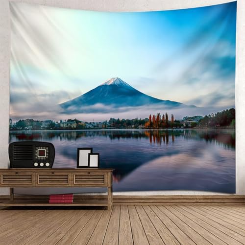 Tapisserie murale paysage de montagne enneigée décoration salon grand tissu mural bleu 240x220