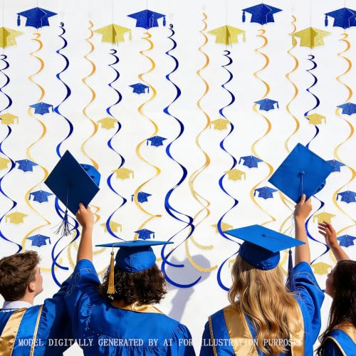 Image of 24Pcs Royal Blue Gold Graduation Grad Cap Hanging Felt Swirl Streamer Spiral Ceiling Garland for Class of 2026 Congrats Grad You Did It We are So Proud of You I'm Done Themed Party Decoration Supplies
