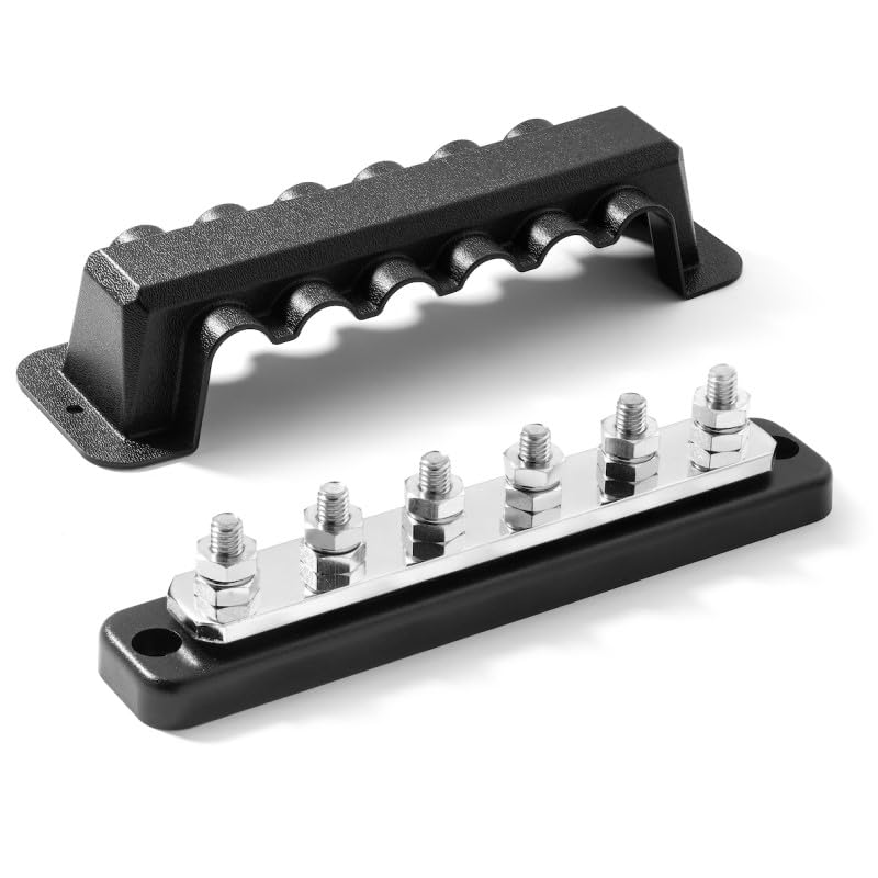 Spartan Power Heavy-Duty Busbars - 250A 6 Terminal High Current Power Distribution Block with Spartan Power Clear Cover- Copper Tin-Plated - Ideal for 12V, 24V, 48V DC Systems
