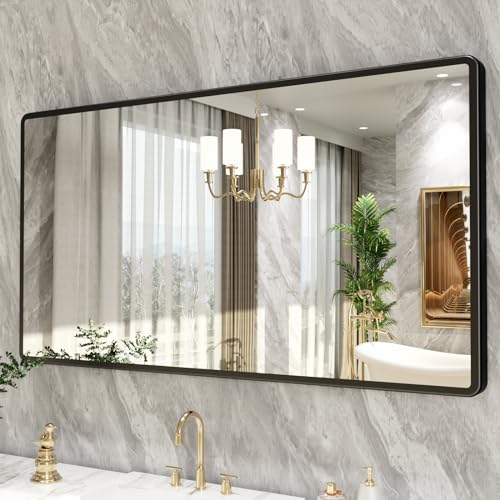 New Upgrade Bathroom Mirror, 55X30 Inch Black Metal Frame Wall Mounted Rounded Rectangle Bathroom Vanity Mirror with Tempered Glass for Washroom Bedroom Living Room