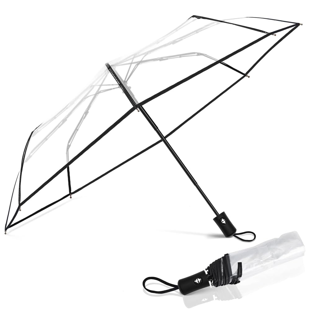 Clear Canopy, Automatic Open Foldable Umbrella, Portable Travel Umbrella, Umbrellas for Rain Windproof, Strong Compact Umbrella for Wind and Rain, Perfect Car Umbrella, Golf Umbrella, Backpack (Clear)