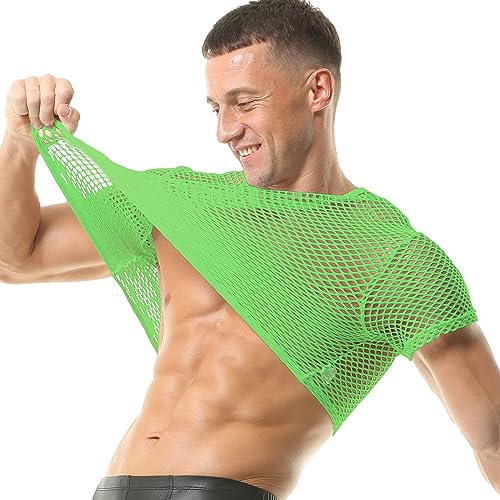 QiaTi Men's Fishnet Shirts Mesh Crop Top See Through Round Neck Short Sleeve Sexy Muscle Tee for Men4