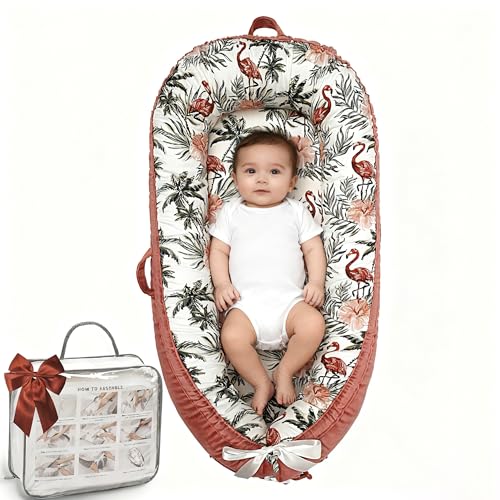 Image of Baby Lounger-Breathable and Soft Organic 100% Cotton, Portable Infant Lounger with Removable Lounger Cover, Baby nest Lounger for Newborn - Red Flamingo