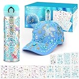 Navdrivl Weihnachten Mädchen Geschenk DIY Trinkflasche und Baseballkappe Bastelset Kinder Trinkflasche und Baseballkappe Selbst Gestalten mit Edelstein Aufklebern Kinder Geburtstag 4 5 6 7 8 9 10 11