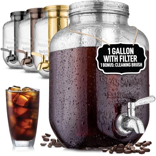 Comparison: Best Cold Brew Tea Maker 7 Zulay Kitchen 1 Gallon Cold Brew Coffee Maker – Thick Glass Pitcher with Stainless Steel Filter, Lid & Spout – Large Mason Jar Container Dispenser - Iced Coffee & Sun Tea Brewer for Fridge – Silver