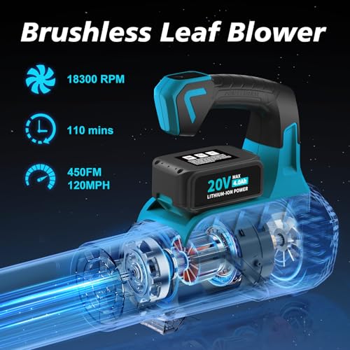 Image of Leaf Blower Cordless with Battery and Charger: 2 Batteries 20V 4.0Ah Brushless Motor, Handheld Electric Leaf Blowers, Battery Powered Blowers for Lawn Care, Yard Leaves Cleaning,