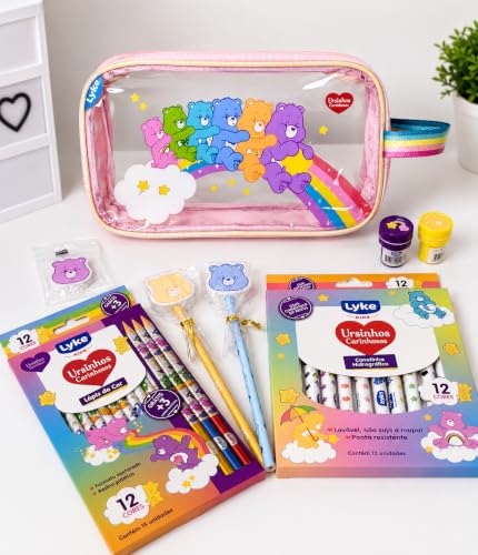 Kit Papelaria Fofa Escolar Ursinhos, Lápis de Cor 12 Cores, Canetinha Hidrográfica, Estojo Transparente e muito mais!