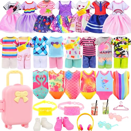 25 PCS Mini 6 Inch Doll Clothes and Accessories- 6 Tops 6 Pants Outfits for Boy Dolls 4 Dresses 1 Bodysuit3 Swimsuit 2 Shoes Luggage Hangers 2 Pocket Glasses Headset for 5.3-6 Inch Dolls