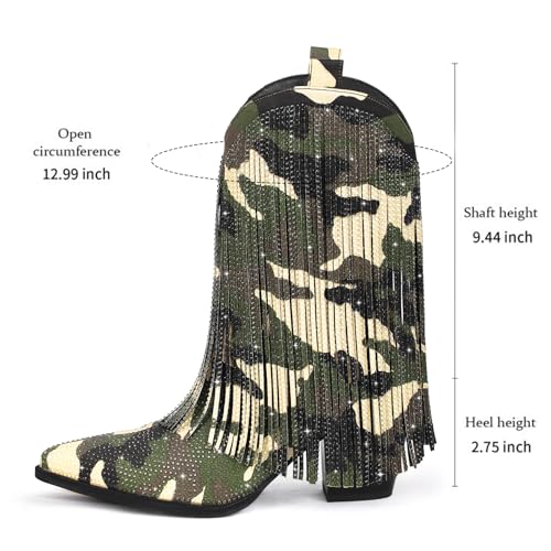 Image of Cowboy Boots for Women - Cowgirl Western Rhinestone Sparkly Fringe Chunky Heel Pointed Toe Mid Calf Boots