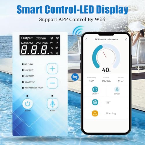 Clorador inteligente para piscinas de agua salada, hasta 22.000 galones de piscinas, sistema generador de cloro de piscina de agua salada, Wi-Fi integrado y control remoto por aplicación, con panel