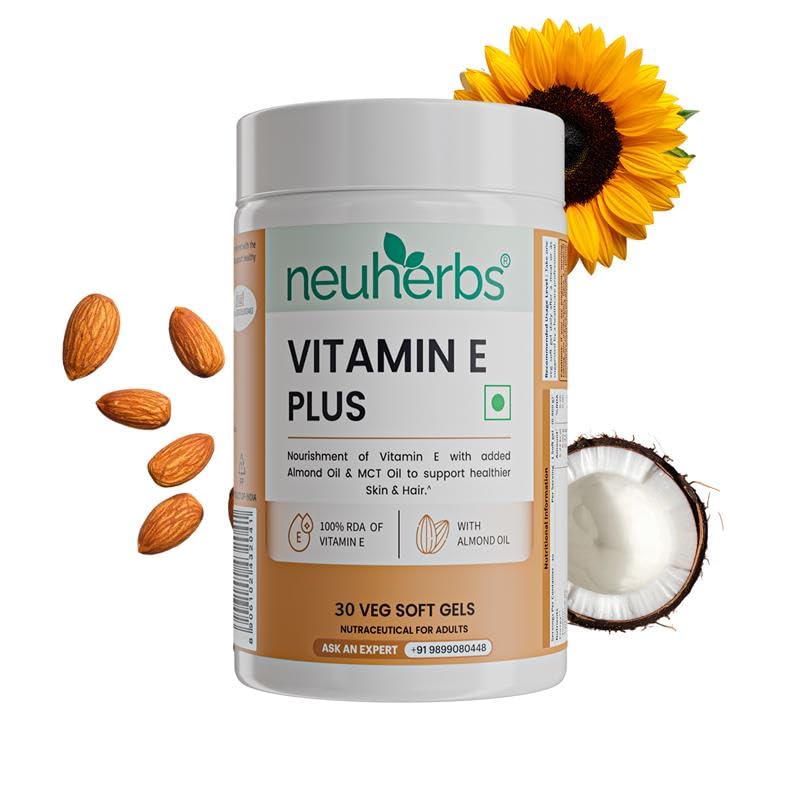 Image of Neuherbs Vitamin E Plus Capsules for Skin & Hair | Plant-Based Vitamin E Supplement with Almond & Sunflower Oil | Supports Glowing Skin & Hair Strength | Vegan | 30 Capsules