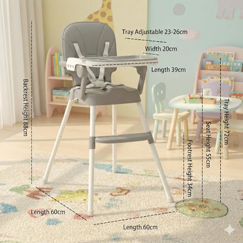 Image of 2 in 1 Convertible Baby Feeding High Chair For Dining | 5 Point Safety Harness | Double Removable Tray | Wide Footrest, Soft Cushion, Compact, Travel Friendly, Lightweight & Sturdy (Dove Grey)