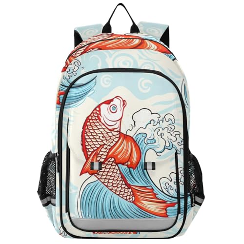 Kids School Backpack for Boys Girls, Cute Japanese Fish Blue Large Kids Backpack with Chest Strap, 6-12 Y School Bag with Front Flap, 17 Inch