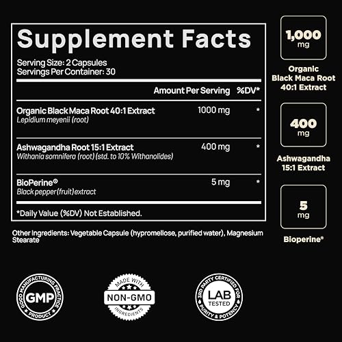 40,000mg Organic Black Maca Root 40X Strength Testosterone Supplement for Men + Ashwaganhda - Highest Potency Black Maca Root Capsules for Men 100% Pure Maca Powder Enhance Mens Health + Male Booster - Image 3