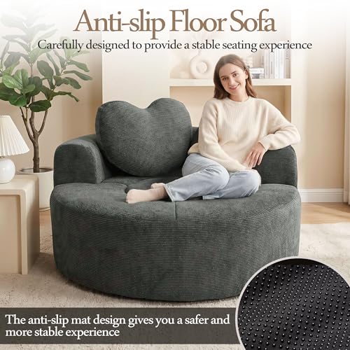 Image of Trustyue Boneless Couch,Comfy Fluffy Sofa Bed,Upholstered Sleeper Sofa with Cup Holder and Throw Pillows,Corduroy Plush Cloud Lounge Chair (Dark Grey, Waffle Polyester)