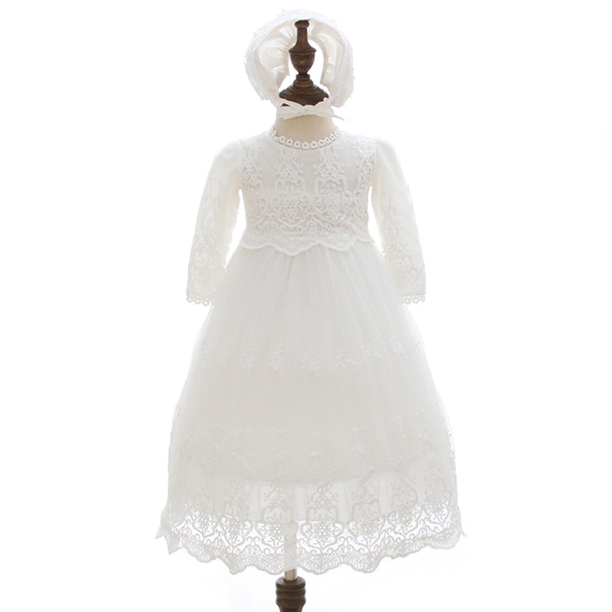 CAMDOM Baby Mädchen Spitze Taufkleid Langarm Prinzessin Taufe Party Kleid mit Hut