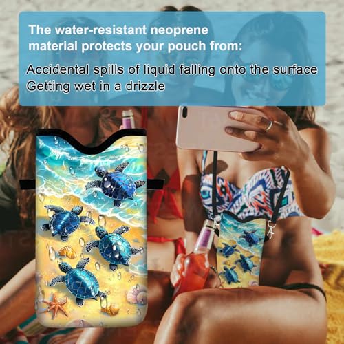 Image of Neoprene Cell Phone Sleeve Pouch Case Bag with Crossbody Strap Neck Lanyard for Women 7.1 X 3.9 in Cute Turtle