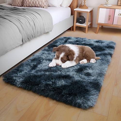 KING DARE Small Area Rugs for Bedroom, 2x3 Shag Rug Washable, Plush Fluffy Fuzzy Soft Non-Slip Carpet for Dorm Bedside Closet Girls Boys Room Decor, Blue and Grey